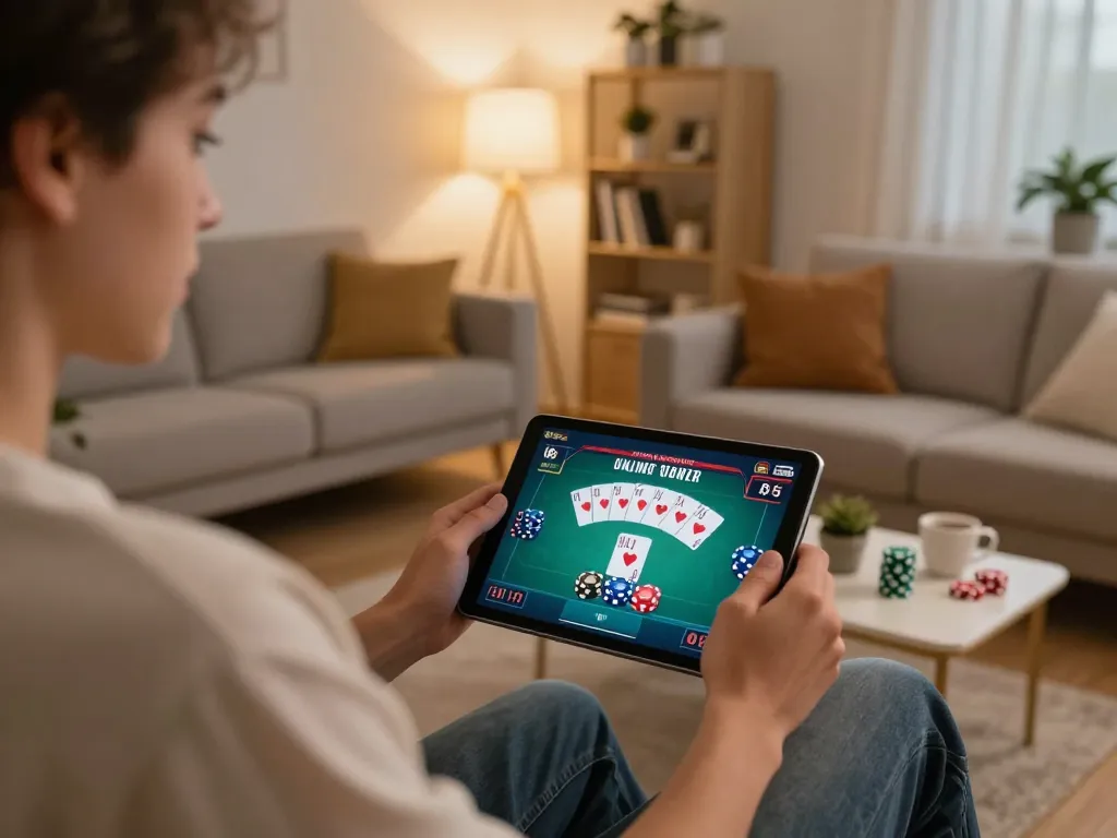 Engaging with u888 poker gameplay on a tablet in a cozy home setting, celebrating responsible online gambling.