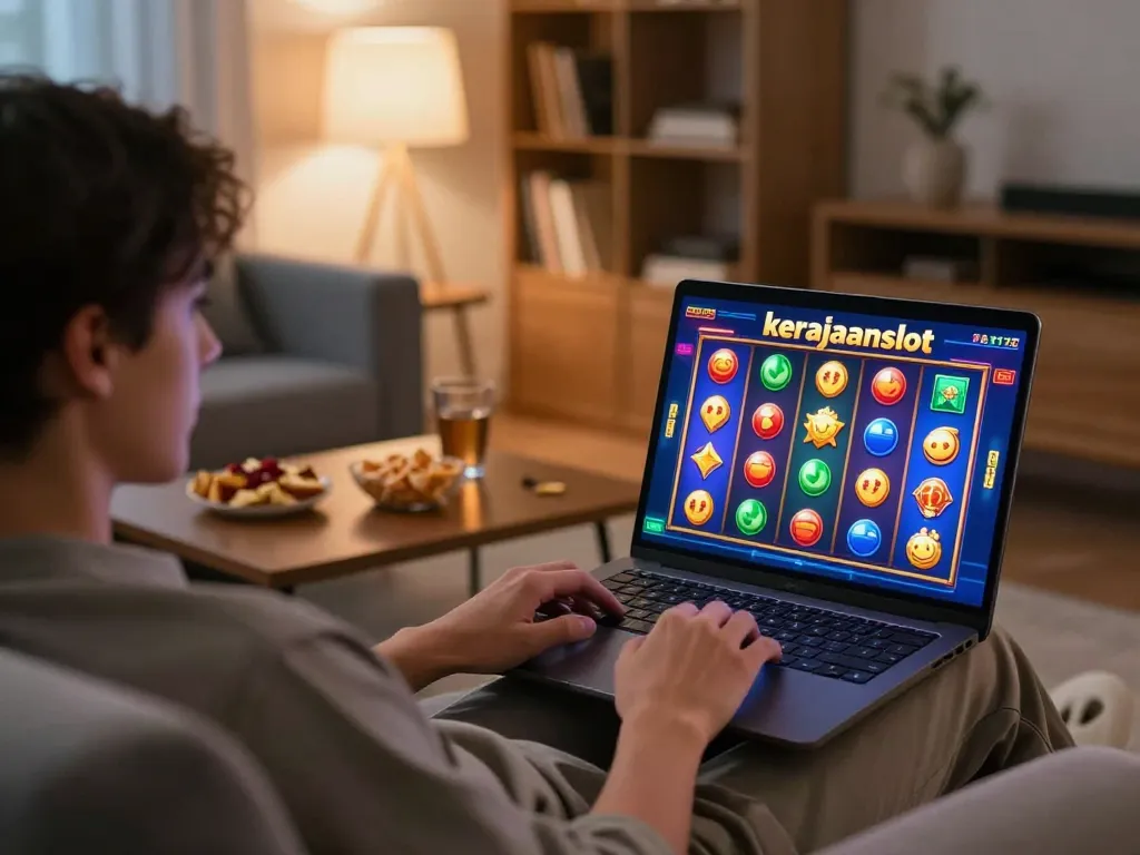 Engaging home scene with a player enjoying kerajaanslot on a laptop in a cozy environment