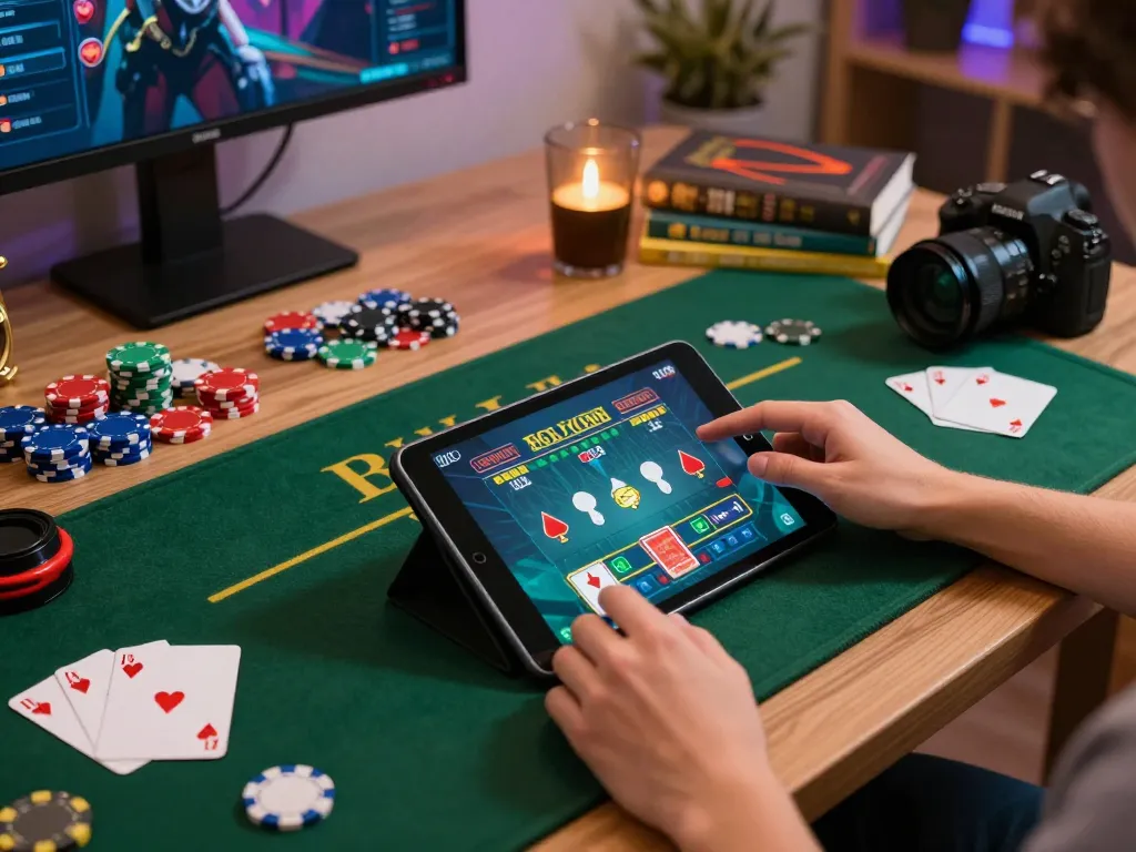 Player engaging with vn23 online casino platform on a tablet, surrounded by gaming accessories, creating an inviting atmosphere.