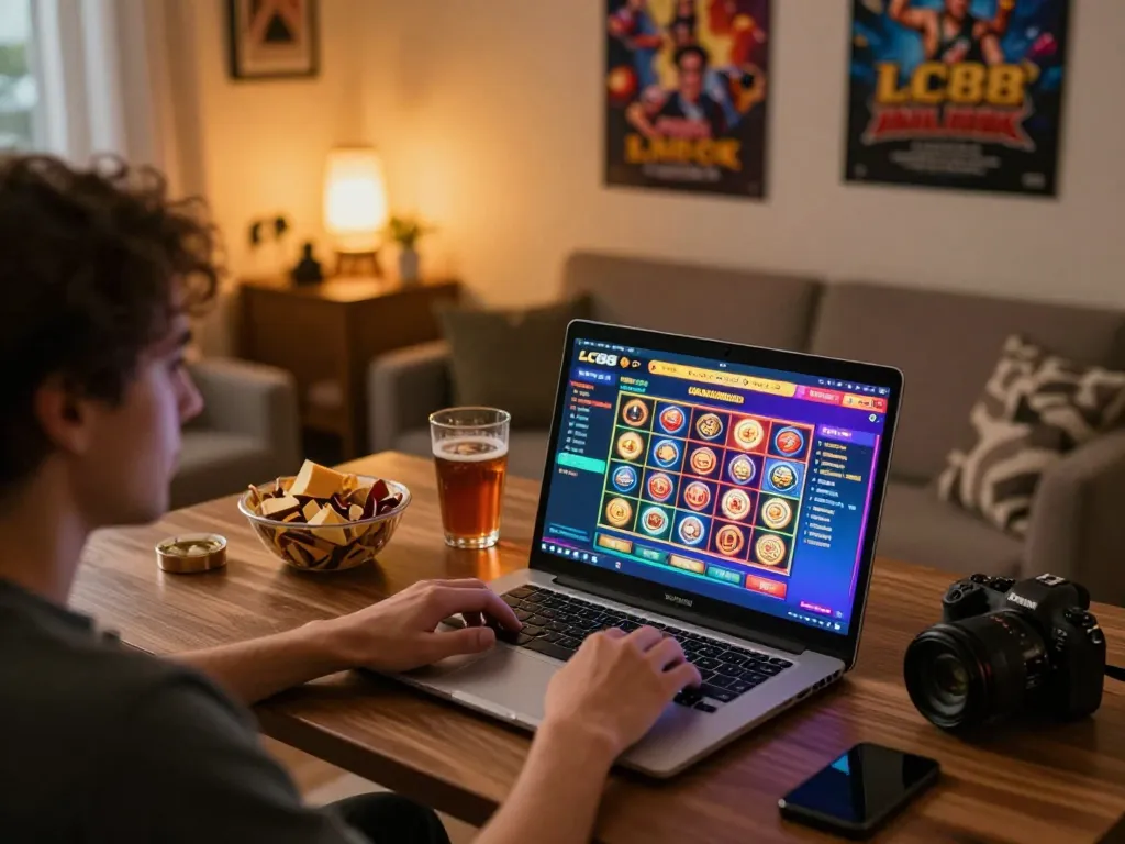 Person enjoying online slots at LC88 on laptop, cozy gaming setup with snacks.