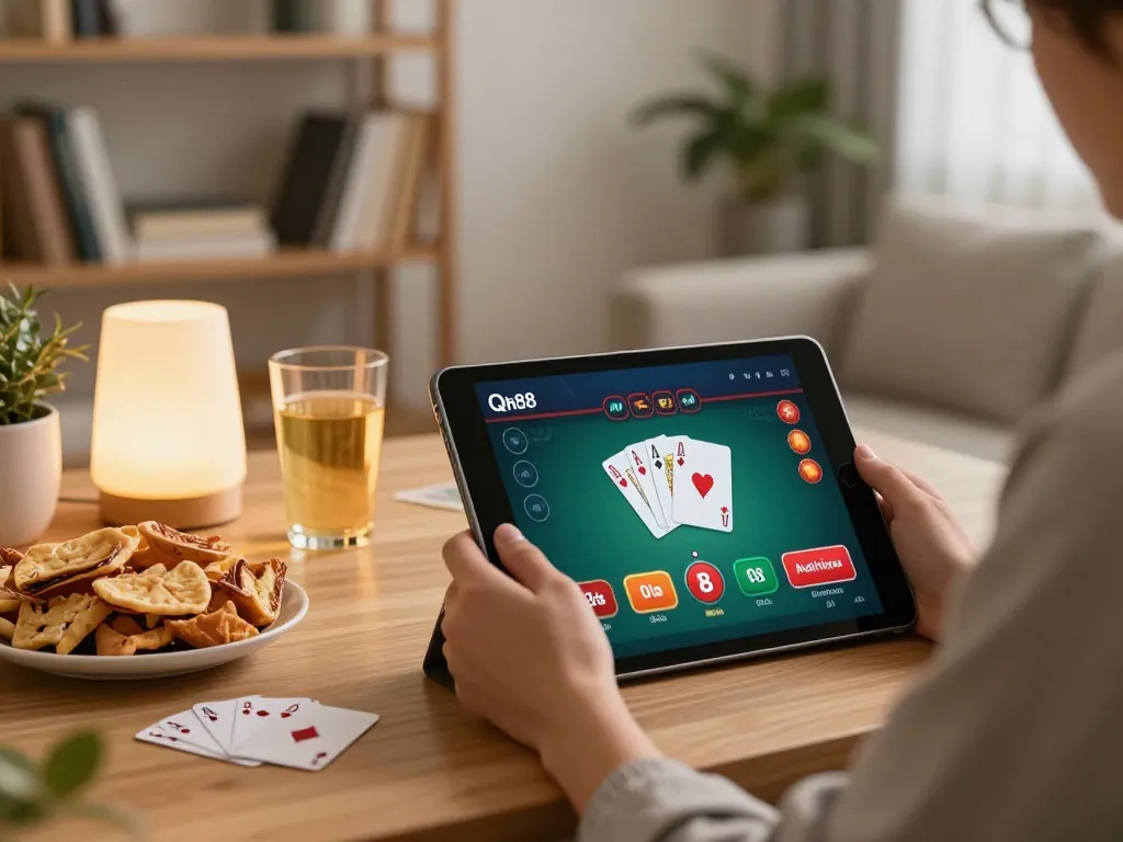 Player engaging with the Qh88 link on a tablet in a cozy home gaming setup with snacks.