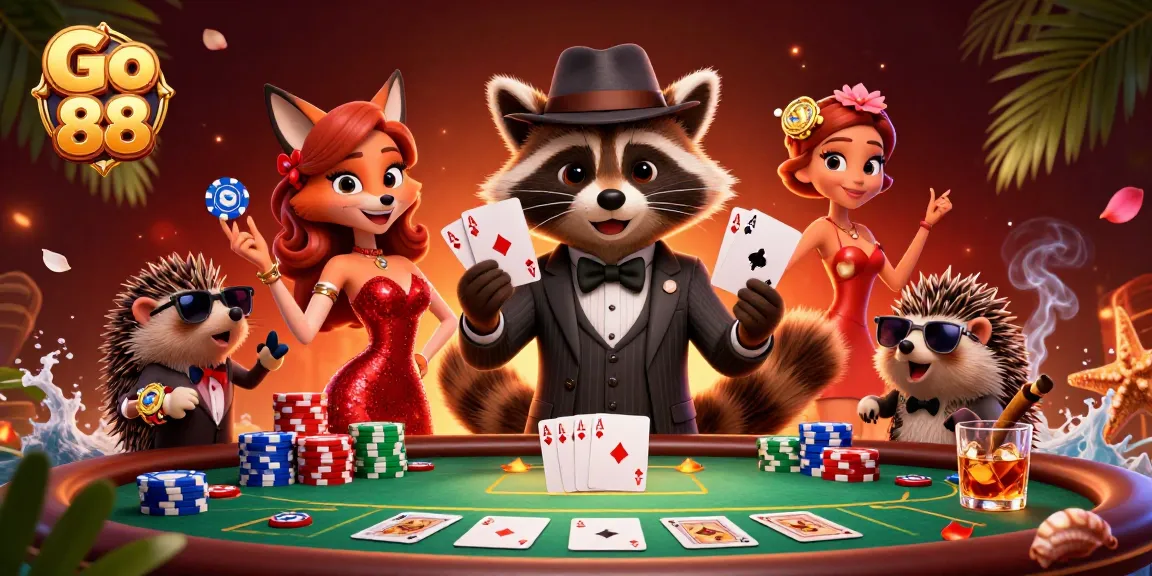 Experience thrilling gameplay and winning hands at Go 88 with vibrant casino characters and poker elements.