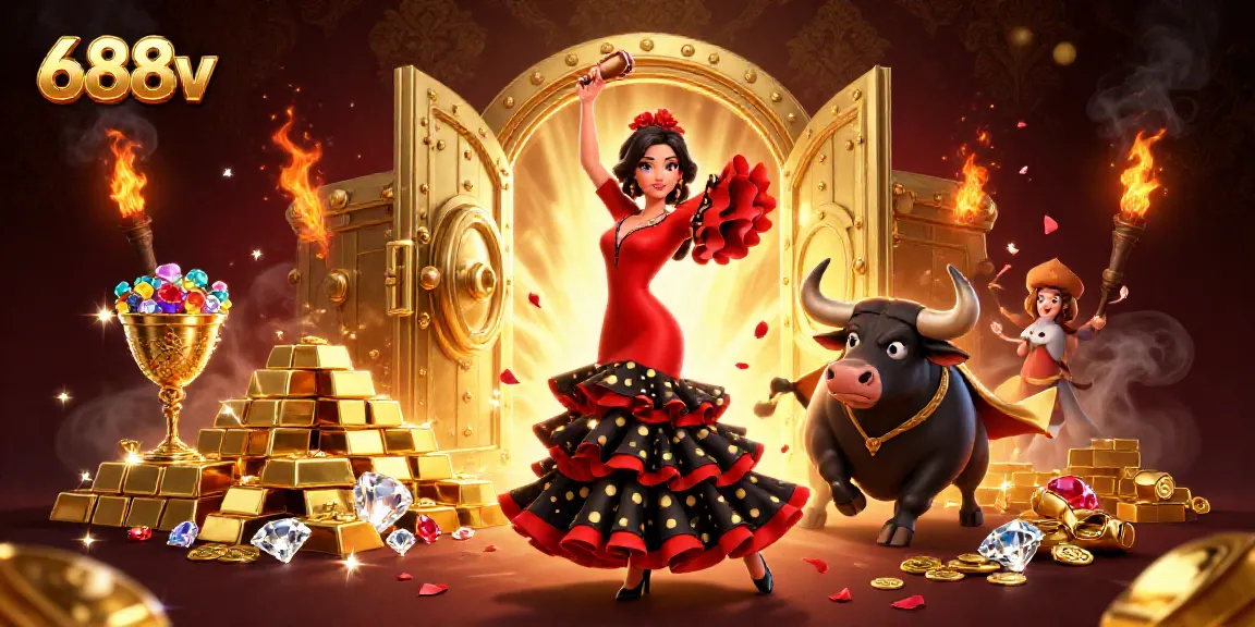 Engage in thrilling 688v casino action amidst a vibrant flamenco dance and gold treasures.