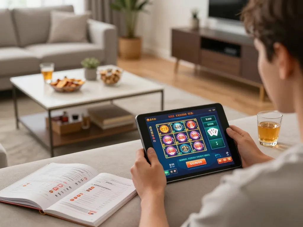 Engage with non gamstop platforms during a cozy home gaming session using a tablet.