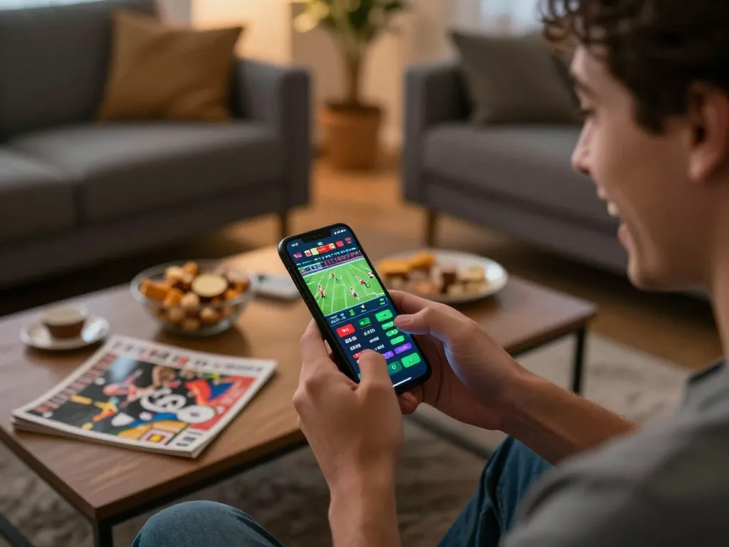 IDNSCORE user engaging with exciting sports betting app, capturing real-time betting thrill.