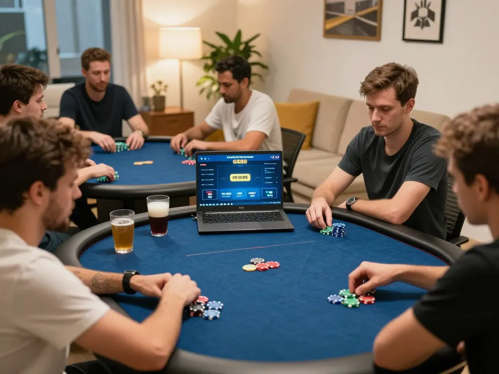 Players enjoying a strategic poker game on GG88 in a cozy home setting with laptops.