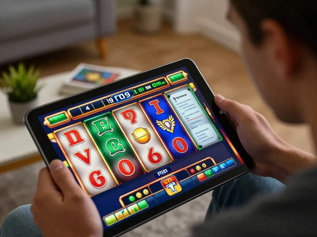 situs slot online gaming session on tablet with vibrant game display and responsible gambling elements