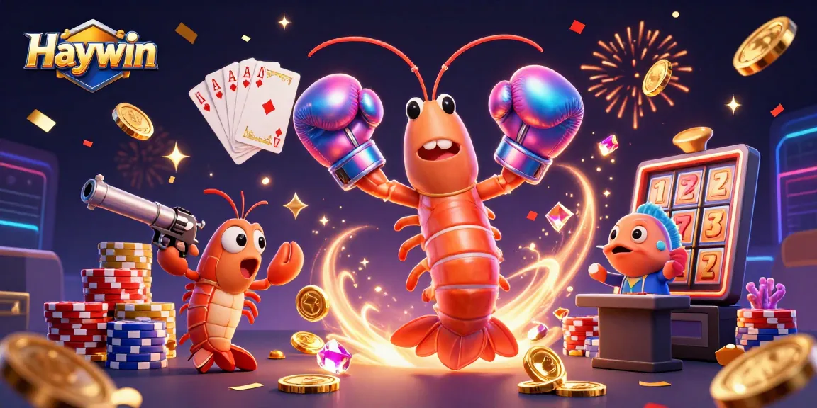 Haywin showcases a dynamic online casino scene with vibrant cartoon characters, slot reels, and gold coins.