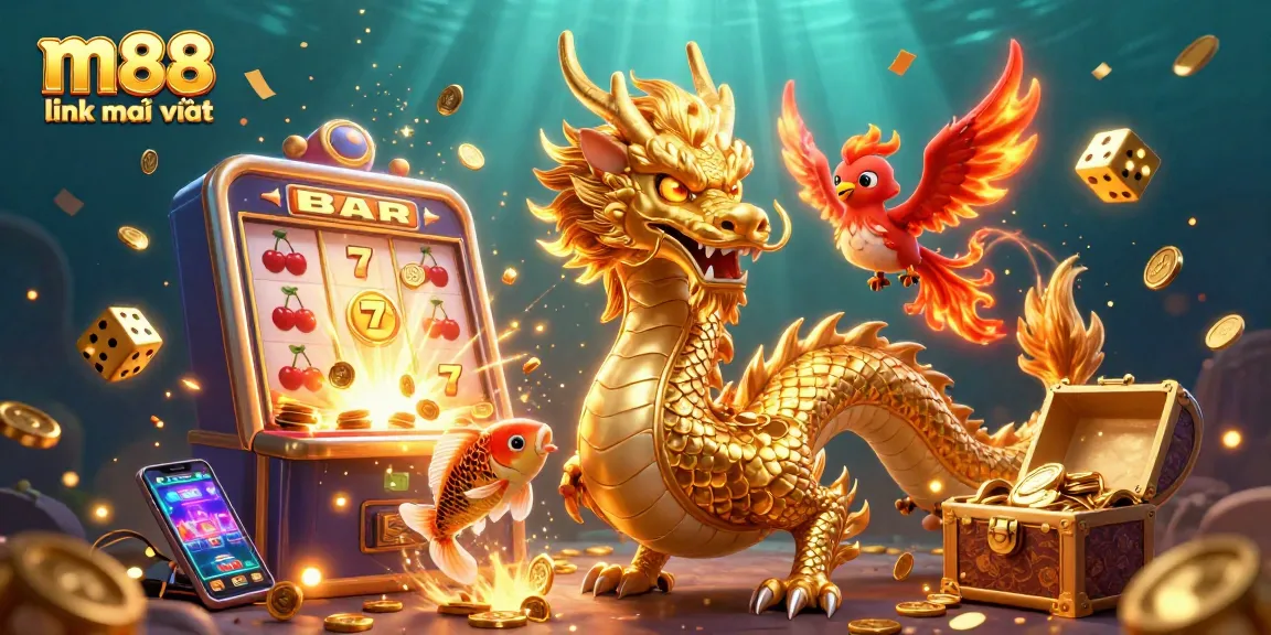 Quay để thắng với liên kết m88 mới nhất, với hình ảnh một con rồng uy nghi, phượng hoàng và một con cá koi đang rải tiền xu.