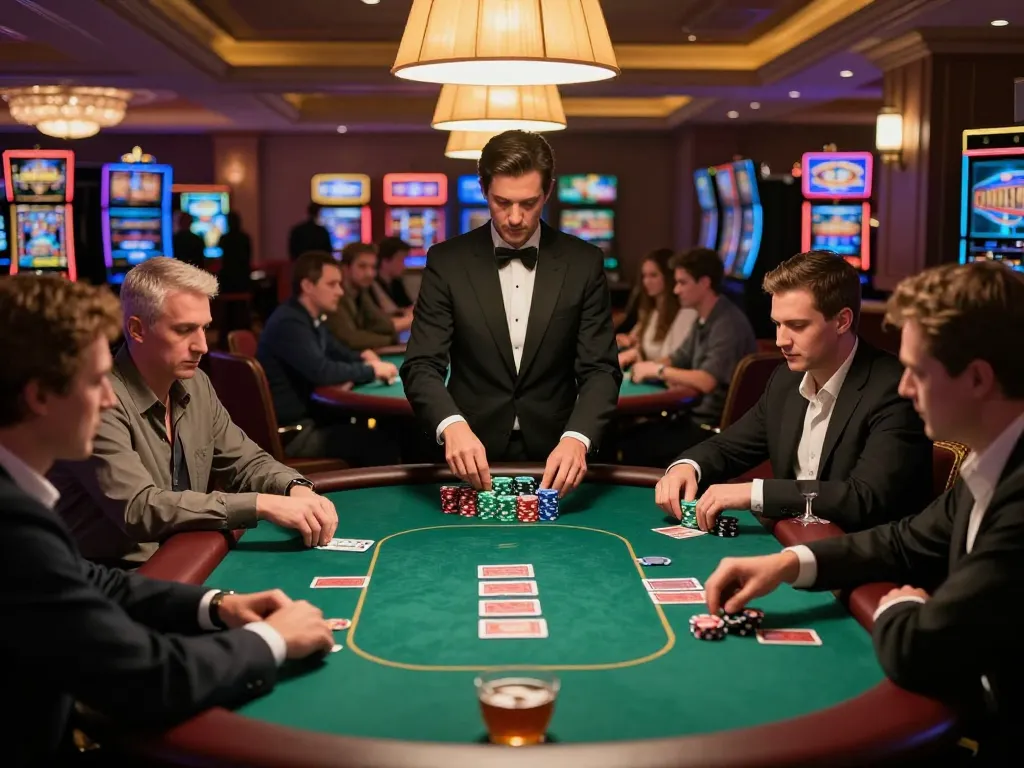 Players engaging in an exciting poker game at a premium mb88 casino table under warm lighting.
