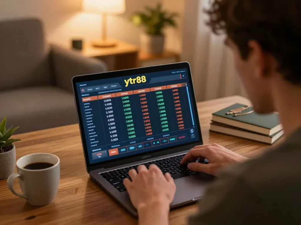 Player analyzing their strategy for ytr88 on a laptop in a cozy home office setting.