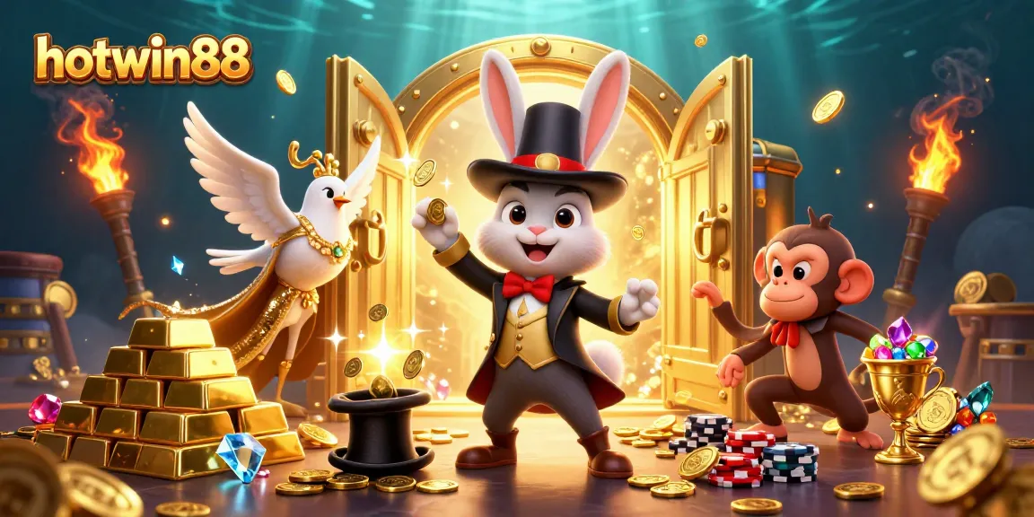 Experience the excitement of hotwin88 with a charming magician rabbit revealing treasures of gold and poker chips.
