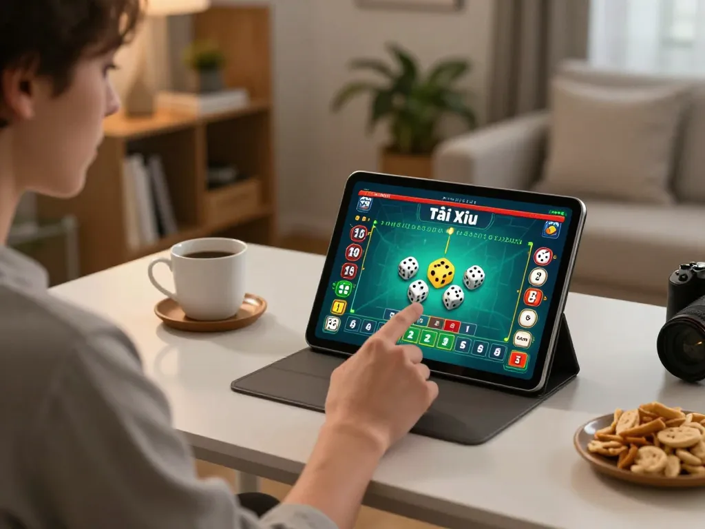 Tài xỉu online uy tín gameplay on a tablet, showcasing engaging home gaming setup.