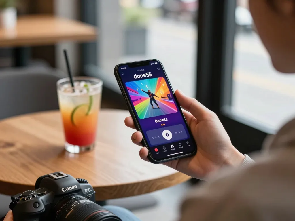 Engaging gameplay experience using the done55 app on a smartphone at a cozy cafe, showcasing mobile gambling.