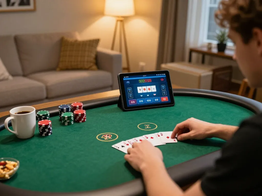 Kuwin player enjoying poker on tablet in a cozy living room, showcasing online gaming.