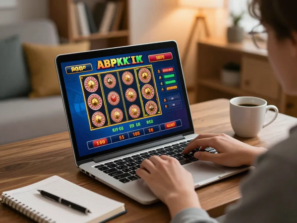 Player engaging with nego77 online casino portal, showcasing slots and gameplay in a cozy home environment