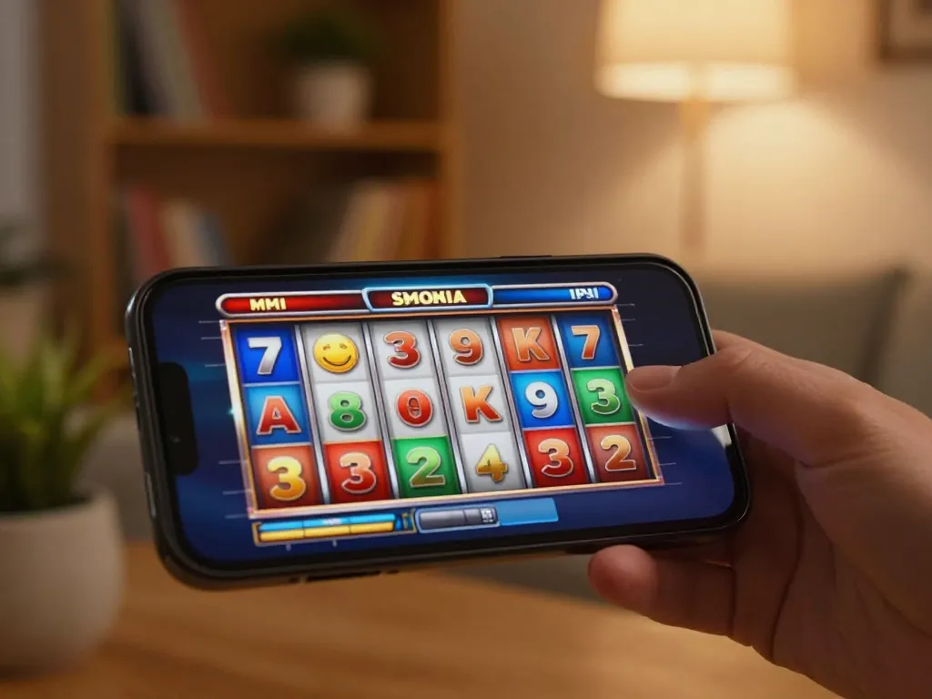 Engaging gameplay of Demo Slot Pragmatic displayed on smartphone screen in a cozy home setup.
