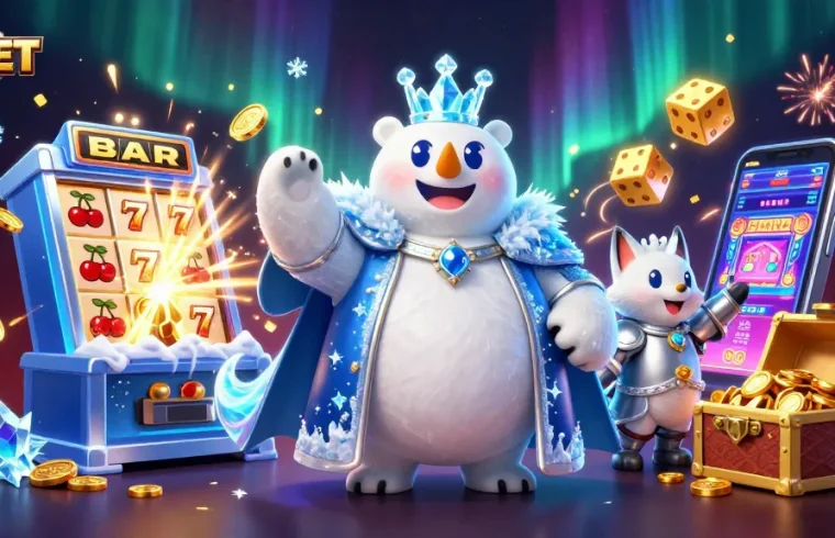 DEBET showcases the ice king polar bear and snow fox against vibrant casino elements.
