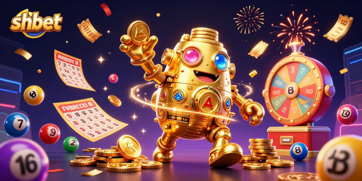 Experience the excitement of shbet with a vibrant 3D illustration featuring a golden golem amidst colorful gambling elements.