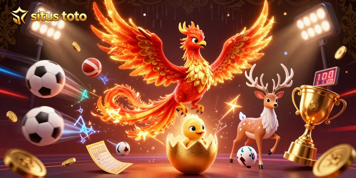 Situs toto showcases a vibrant scene with a phoenix and sports elements, symbolizing vibrant online betting.