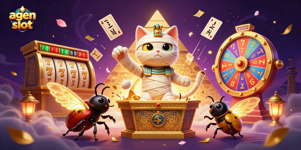 Menghadirkan agen slot, kucing mumia yang meledak dari sarkofagus emas dengan simbol slot, tiket emas, dan efek hujan uang.
