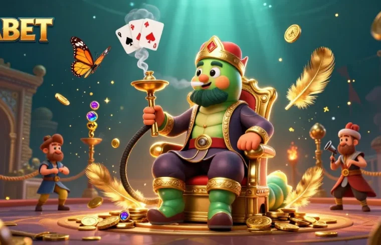 DABET showcases a vibrant 3D casino scene featuring an ornate caterpillar poker master immersed in gambling elements