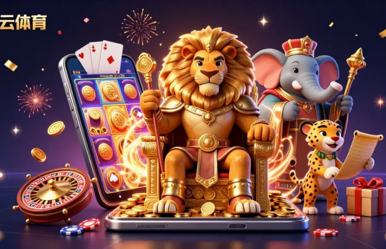 Experience excitement with 开云体育 in a vibrant 3D illustration featuring a lion king and dynamic casino elements.