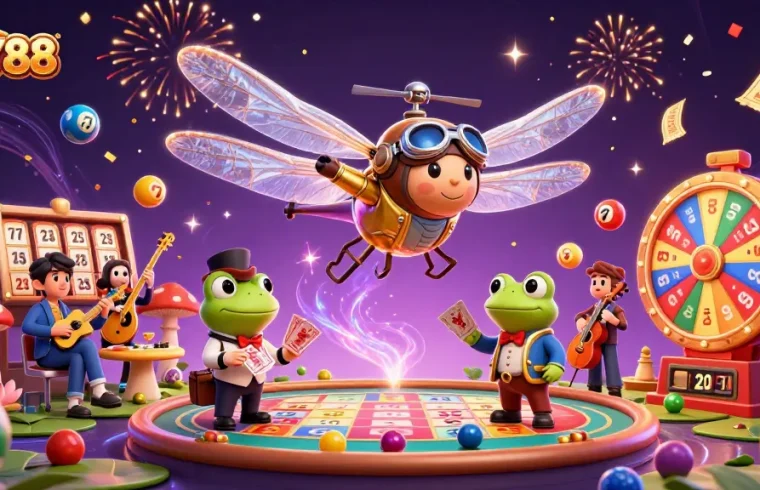 Engage in exciting gameplay at SKY88 with vibrant 3D casino atmosphere featuring lively characters.