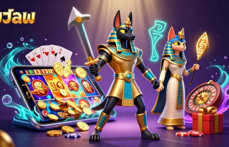 Experience the thrill of เว็บบอล action with Anubis and Bastet amidst lively casino elements.