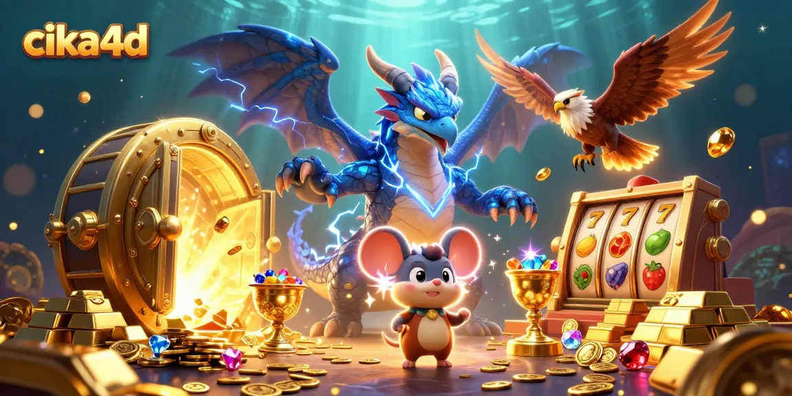 Cika4d showcases a vibrant 3D dragon and hawk amidst casino games, enhancing the thrill of winning.