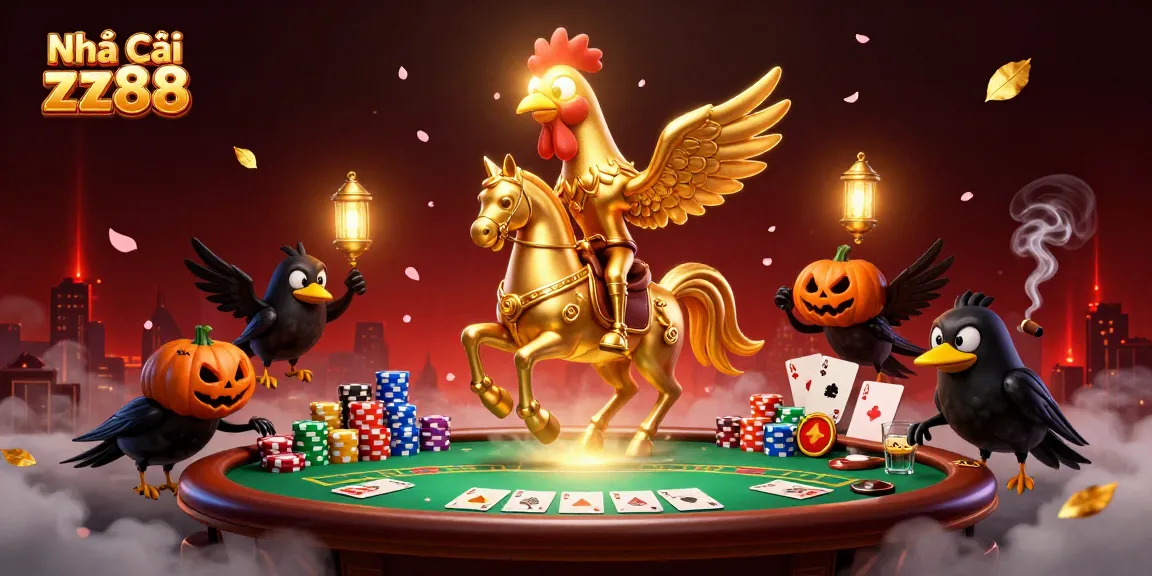 Engage with Nhà cái zx88 in an electrifying casino scene featuring a golden rooster and gaming action.