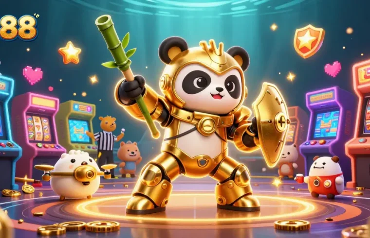 LU88 showcases an exciting mech-suit panda robot amid vibrant gaming elements and cheering animals.