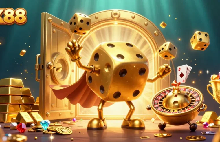 UK88 showcases an epic golden dice golem and roulette-head companion in a magical casino treasure scene.