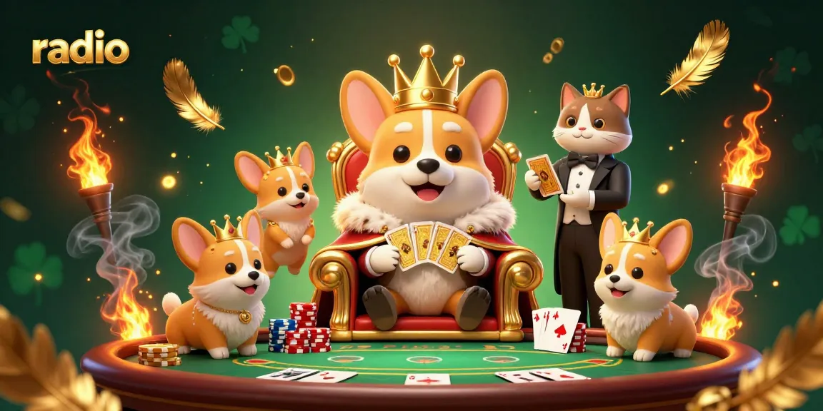 Engaging radio-themed casino scene featuring a corgi royalty and poker elements