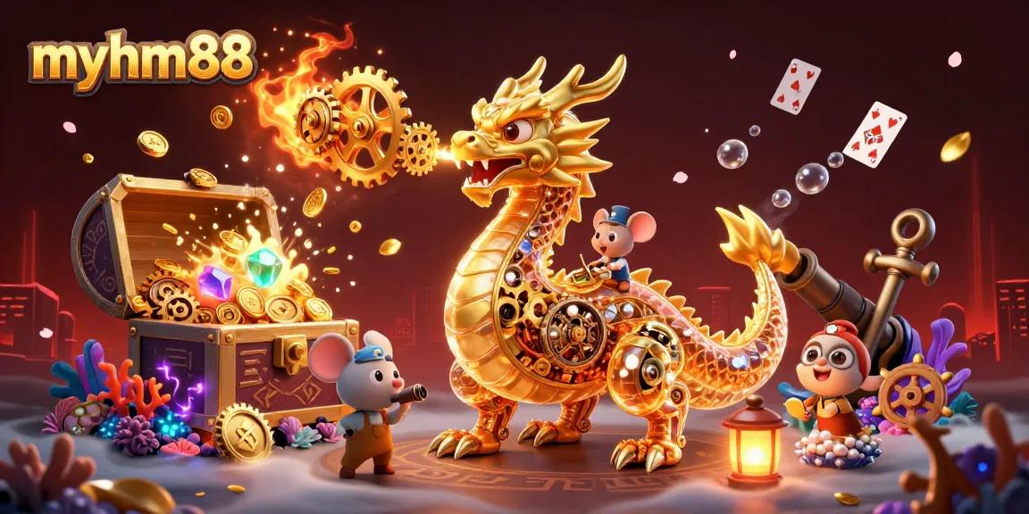 Engage with myhm88's immersive gaming world, featuring a golden dragon and stunning casino elements.