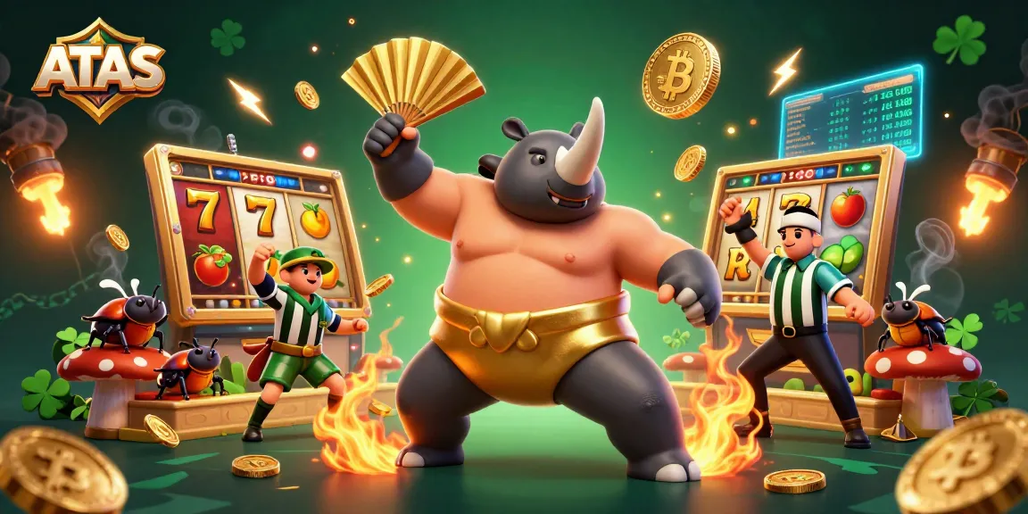 Experience thrilling gaming with ATAS as the rhinoceros beetle champion stomps golden coins amidst vibrant slot reels and crypto coins.