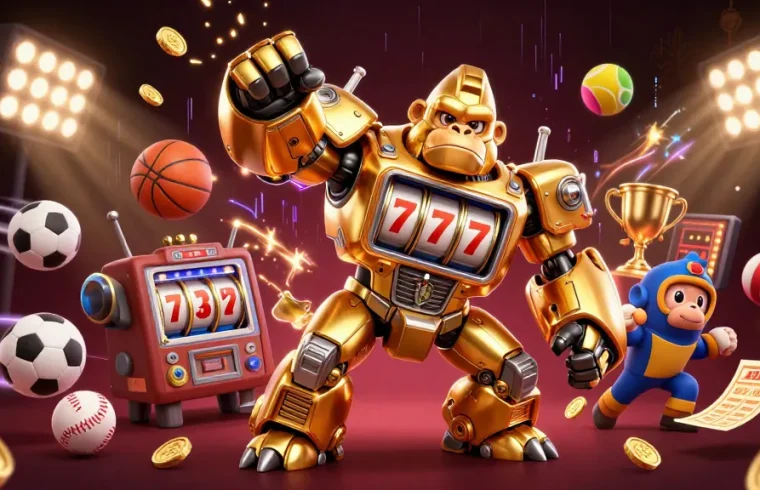 Engage in thrilling gameplay with the FABET golden gorilla mech in an electrifying casino setting.
