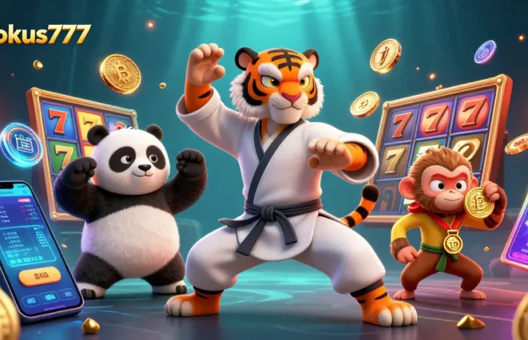 Experience thrilling action with fokus777 as animated characters celebrate in a vibrant casino scene.