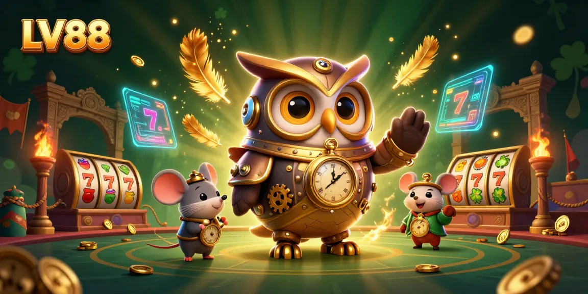 Engaging LV88 gaming scene featuring a cartoon owl and mouse amidst vibrant slot elements and dynamic casino action.