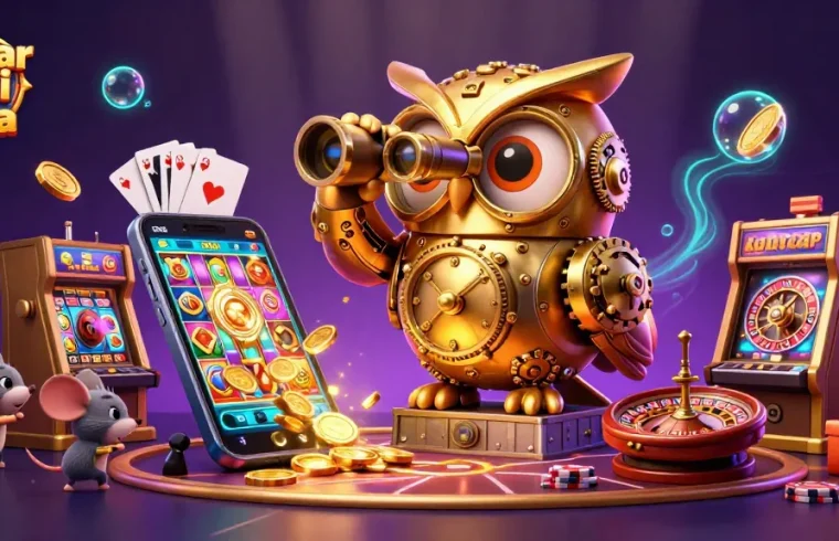 Engage in daftar judi bola with a whimsical scene featuring a golden owl and dynamic casino elements.