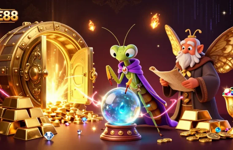 Experience thrilling adventures at FIVE88 with a mystical fortune teller and wealth in a vibrant 3D scene.