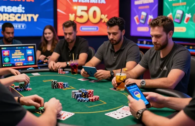 Exciting online gaming scene with players enjoying mastercard casinos on various devices, showcasing vibrant atmosphere and social engagement.