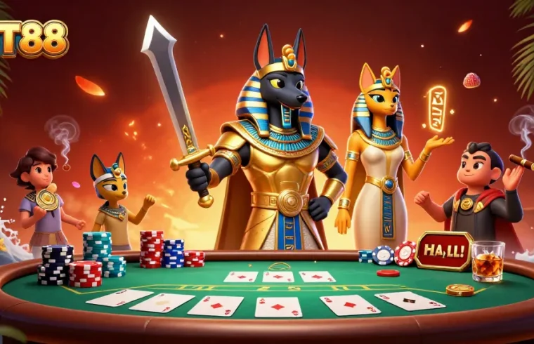 Engage in action with NET88’s dynamic poker scene, showcasing Anubis and Bastet amidst rich casino elements.