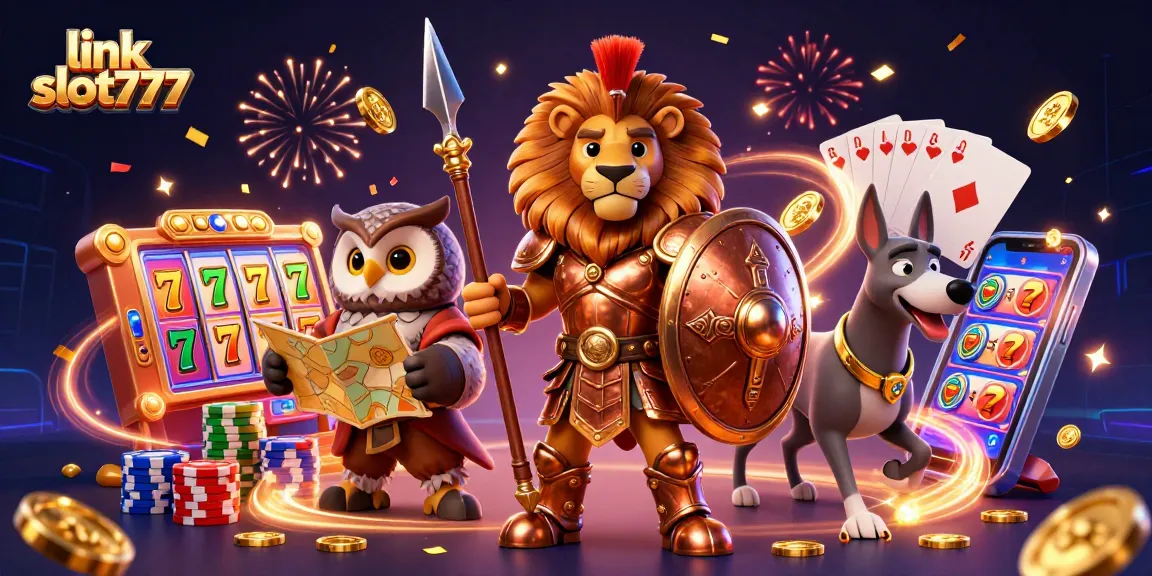 Spin and win at link slot777 with dynamic 3D characters, sparkling gems, and slot reels.