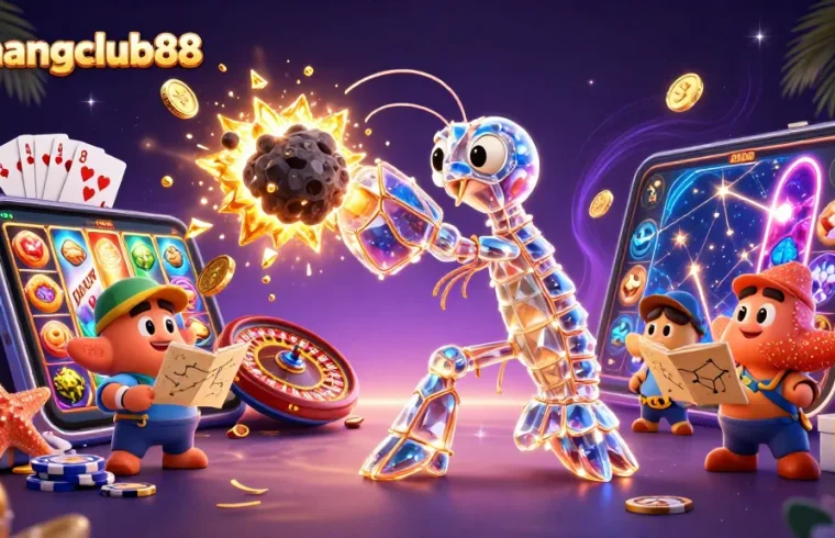 Win at menangclub88 with a vibrant scene of characters and gambling elements engulfed in dynamic action.