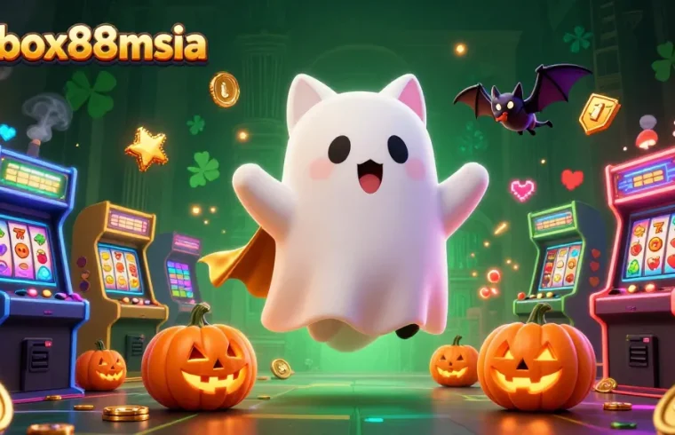 Join the fun at winbox88msia with a ghost cat, vampire bat, and glowing slot machines!