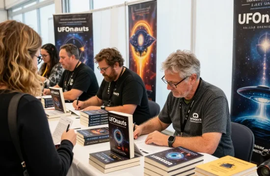T Allen Greenfield signing books at NAGA2000 event, emphasizing spirituality and UFO themes.