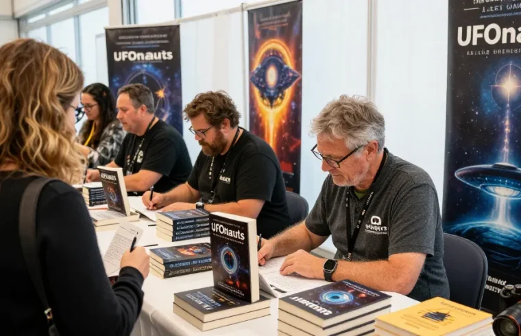 T Allen Greenfield signing books at NAGA2000 event, emphasizing spirituality and UFO themes.