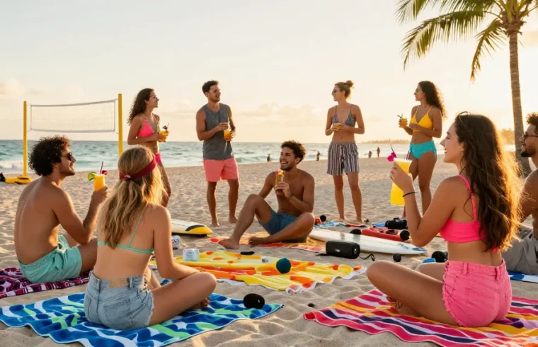 Kumpul teman di https://miami4d.com/ menikmati pesta pantai berwarna-warni saat matahari terbenam, suasana ceria dengan minuman tropis dan permainan pantai.